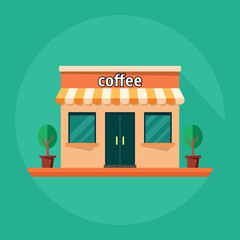 Coffee shop on round green color background