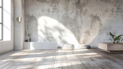 Fototapeta na wymiar Minimalist scandinavian home interior: white empty room with wooden floor, large wall, and bright natural light - 3d render illustration