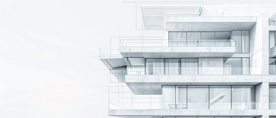 Obraz premium Architectural concept of a a modern concrete house design with translucent overlay of architectural lines, blending realism with planning