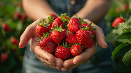 Close up of woman hands holding fresh ripe strawberries in the garden.