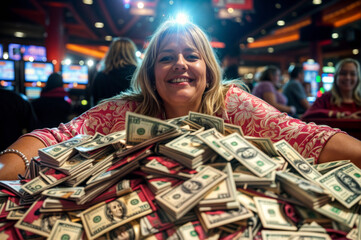 femme heureuse qui vient de gagner un pactole à la loterie - obrazy, fototapety, plakaty