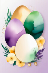 Easter holiday greeting card watercolor with colored eggs.