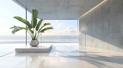 Modern luxury beach house interior: indoor plant on white floor, lounge area by sea view glass window - home decor concept