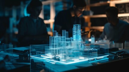 A focused team reviews a detailed holographic city model, glowing with blue light in a darkened design studio