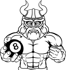 A viking angry mean pool billiards mascot cartoon character holding a black 8 ball.