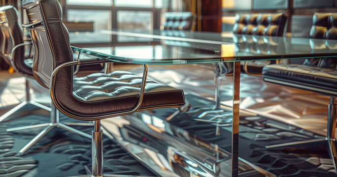 an executive office table with polished metal accents and a glass tabletop for an air of refinement High detailed and high resolution smooth and high quality photo