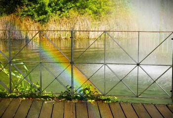 wooden bridge over river with rainbow and dew drops