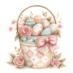 Cute bucket full of colorful decorated Easter eggs and flowers isolated on white background. Spring happy easter concept in vintage shabby chic style. Pastel cartoon kid`s book illustration. Postcard