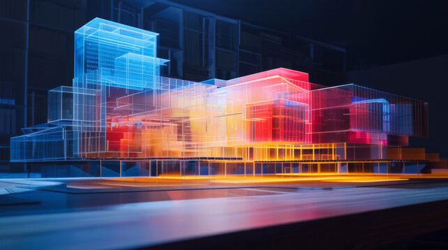 Holographic project of an ultra-modern building on a dark background