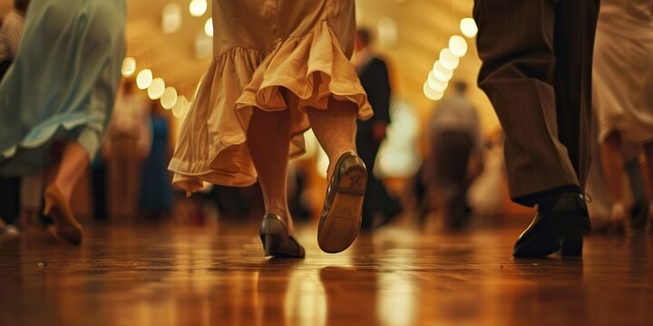 Elderly couples twirling in a dance class, a close-up showing their feet moving in sync and faces lit up with happiness, concept of Harmony of movement