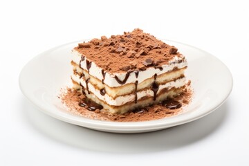 Tasty tiramisu on a porcelain platter against a white background