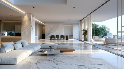 Fototapeta premium Spacious contemporary living room interior mockup: modern luxury design, bright & inviting ambiance, 3d rendered illustration