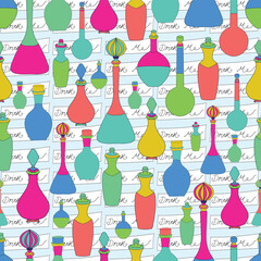 Vector hand drawn potion flasks and bottles seamless pattern, perfect for spooky events and themes.
