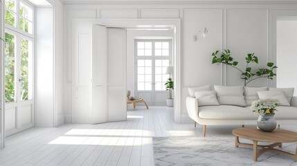Fototapeta na wymiar Spacious contemporary living room interior mockup: modern luxury design, bright & inviting ambiance, 3d rendered illustration
