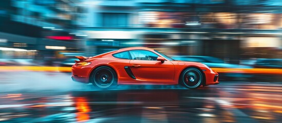 super car is speeding on urban asphalt in the morning blurred background - obrazy, fototapety, plakaty