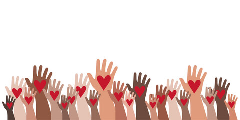 Conceptual vector image: hands with hearts. Flat cartoon style