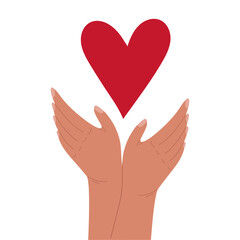 Obraz premium Conceptual vector image: love in hands. Hands reach for the heart. Flat cartoon style