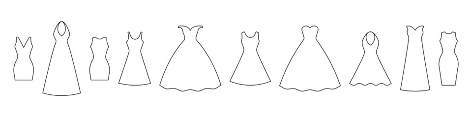 Ballroom and wedding dresses outline. Luxurious model outfits for beautiful presentations and parties with romantic vector glamor