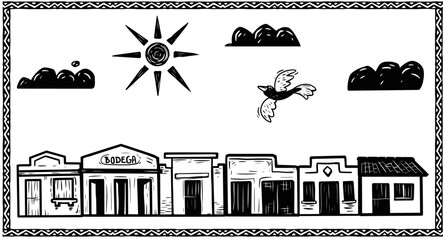 small town in the interior of Northeast Brazil. woodcut style