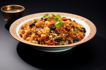 Refined biryani on a porcelain platter against a white background