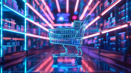 A digital shopping cart navigating through a cybernetic space collecting floating products enveloped in blue neon light
