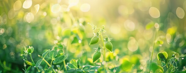 Obraz premium green peas in a field, in the style of bokeh panorama, lens flares, yellow, organic abstracts, smokey background