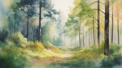 Landscape of a forest created in watercolo