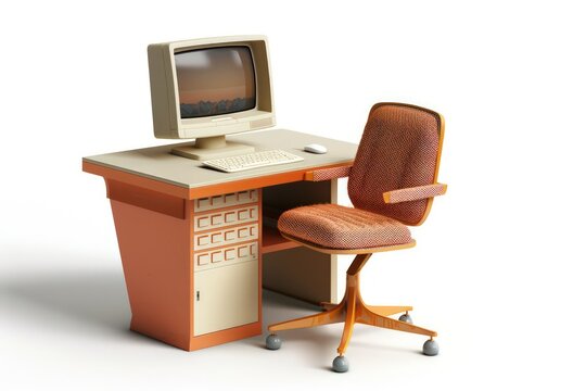 a computer desk and chair isolated on a white background, in the style of light orange and dark beige