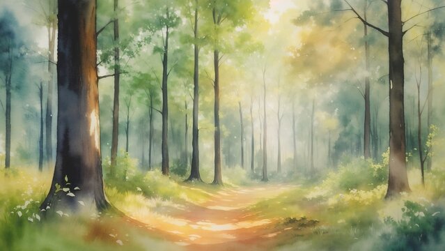 Landscape of a forest created in watercolo
