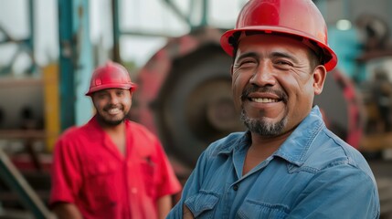 happy labor professionals, standing in front of a nice new factory in a country