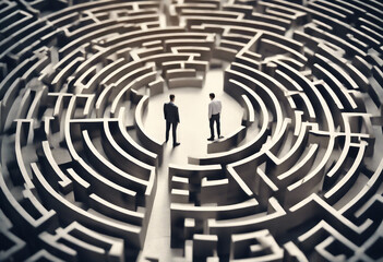 Businessman standing in middle of a maze looking for the right way out problems and solutions concep