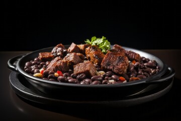 Tempting feijoada on a metal tray against a white background