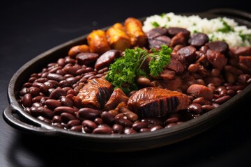 Obraz premium Tempting feijoada on a metal tray against a white background