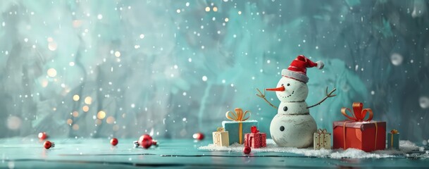 a christmas snowman with presents on a blue background, in the style of red and gray