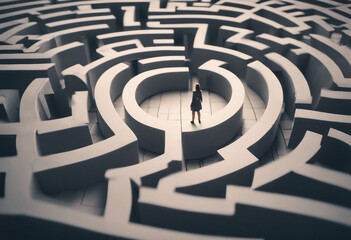 Businesswoman standing in middle of a maze looking for the right way out problems and solutions conc - obrazy, fototapety, plakaty