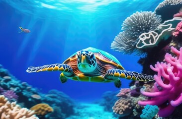 Fototapeta na wymiar sea turtle swims among corals and fish in sunlight, azure tropical sea, vacation, travel concept.