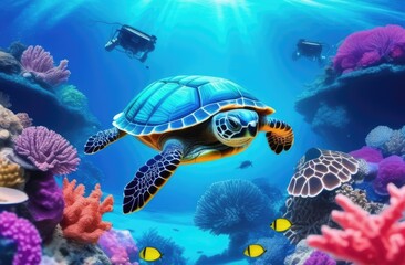 sea turtle swims among corals and fish in sunlight, azure tropical sea, vacation, travel concept.