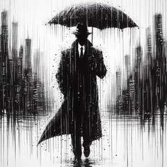 Silhouette of a man walking under an umbrella on a city street. Black and white image