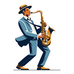 Naklejka premium Musician playing saxophone, music player performing solo, holding sax instrument in hands, man saxophonist, jazz and blues performance. Flat vector illustration isolated on white background