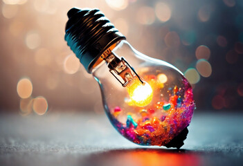 Creative inspiration concept with colorful lightbulb made from liquid glass