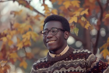 a young man wearing a sweater and smiling, in the style of african influence, light gray