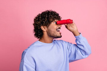 Photo of cheerful excited man wearing blue trendy clothes looking far away empty space sale...