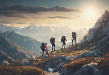Epic image with hikers helping each other reach the mountain top illustration