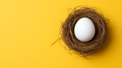 Eggs in nest on yellow background - obrazy, fototapety, plakaty