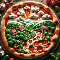 Pizza decorated in the form of a classic Italian landscape