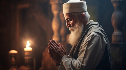 Close-up of elderly Muslim Man wearing a skullcap performs Worship, prays to Allah in a mosque in the Holy Month of Ramadan Kareem sitting on the floor. Religion, Islam, Faith in God concepts.