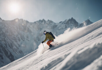 Naklejka na ściany i meble Freeride skier skiing down a slope in Chamonix France