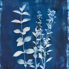 floral background of blue cyanotype silhouette plant - 747387266