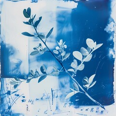 floral background of blue cyanotype silhouette plant - 747387268