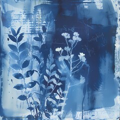 floral background of blue cyanotype silhouette plant - 747387299